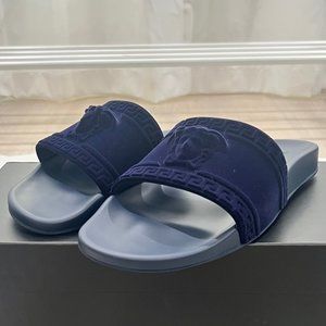 Versace Medusa Head Logo Nubuck Suede Navy Pool Slides